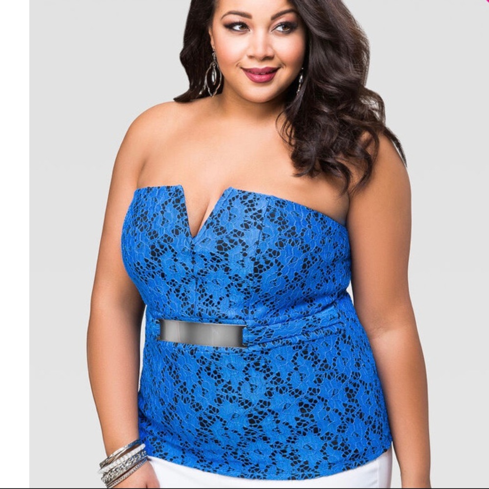Ashley Stewart Strapless Blue Lace Top